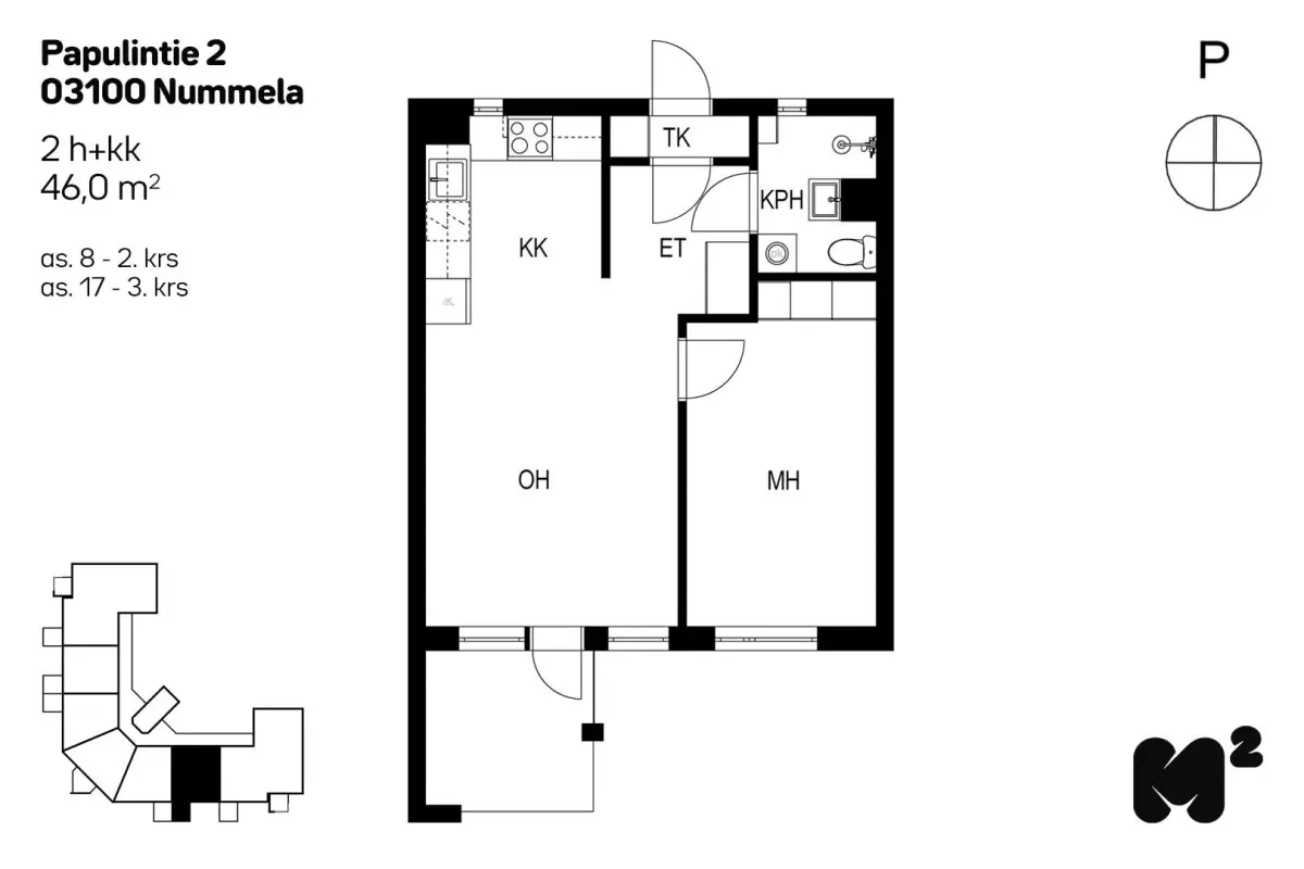 2h+kk 46,0 m², papulintie 2 vihti 1