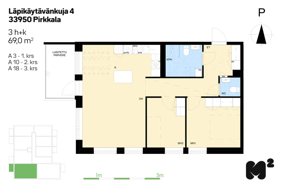 3h+k 69,0 m², läpikäytävänkuja 4 pirkkala 1